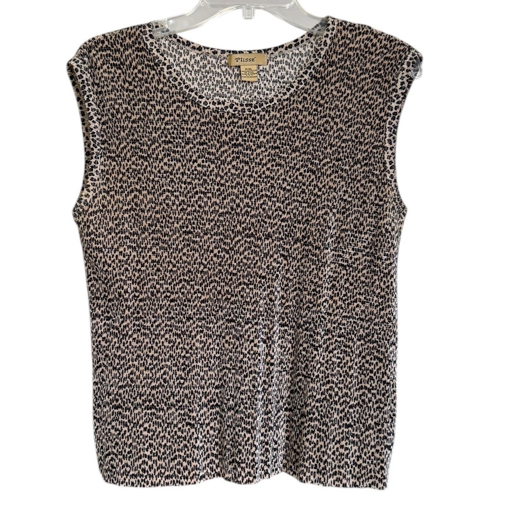 Plisse Womens Cheetah Animal Print Micro Pleated Sleeveless Top‎ Tan Black P/XL